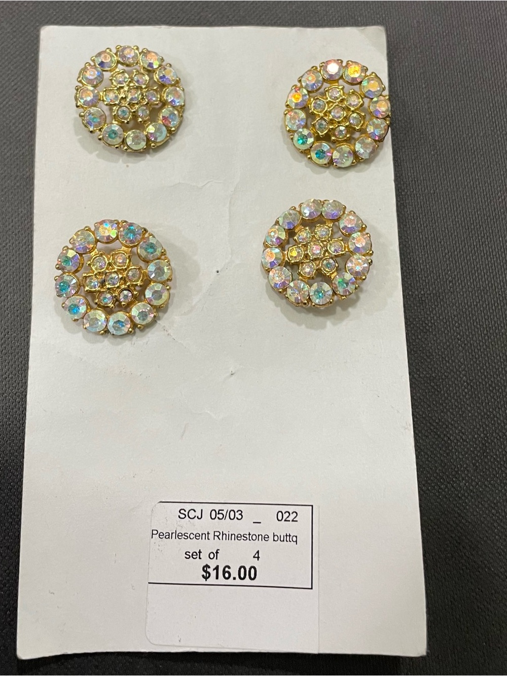 Pearlescent Rhinestone Button Set - Gold Tone, Set of 4